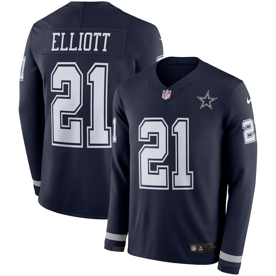 Men Dallas Cowboys #21 Elliott blue  Limited NFL Nike Therma Long Sleeve Jersey->dallas cowboys->NFL Jersey